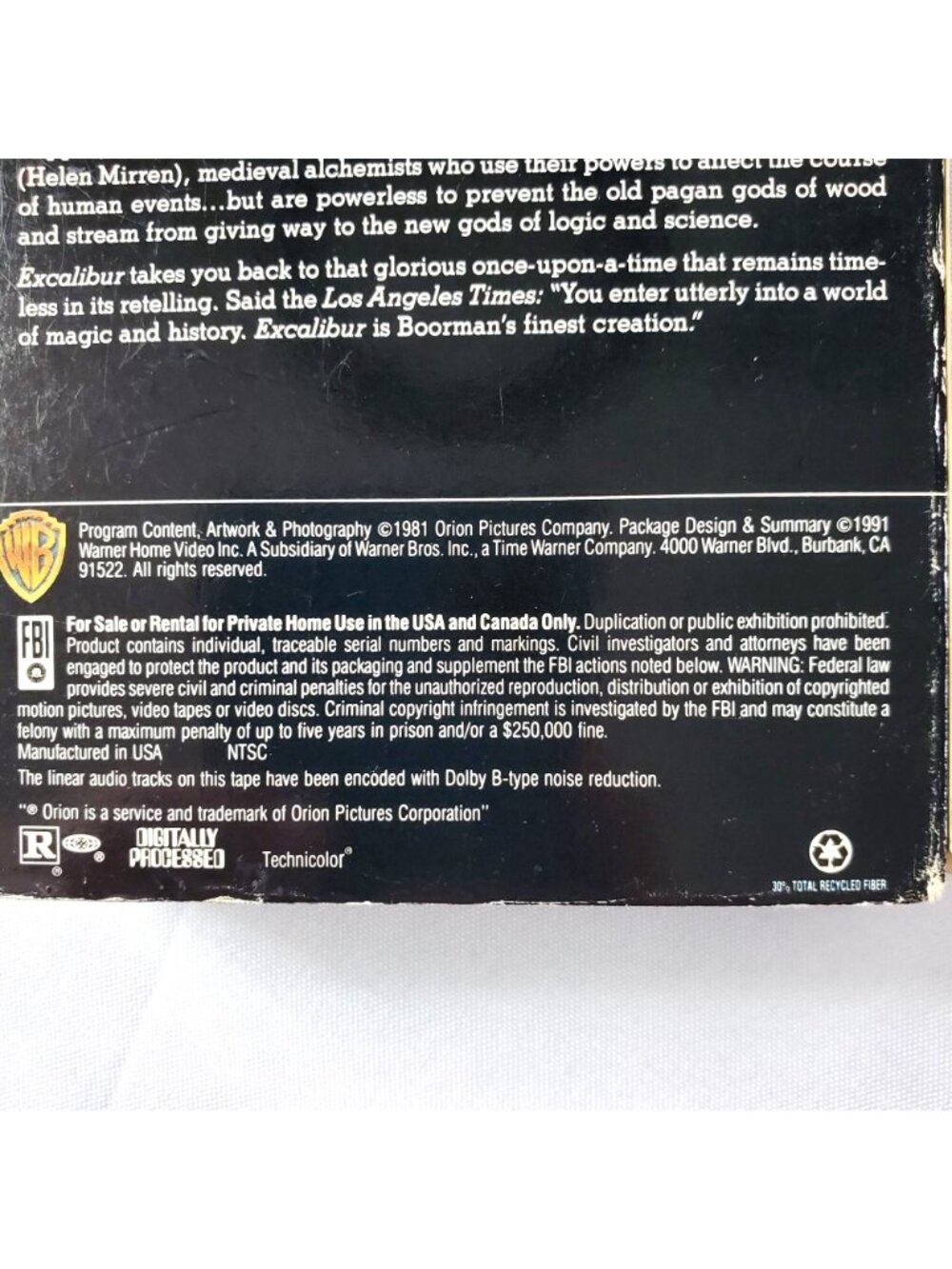 Excalibur VHS Movie 1991 release Arthurian Drama Warner Bros - Picture 8 of 9